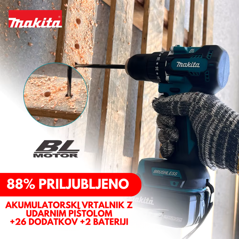 ORIGINALNI MAKITA KOMPLET: AKUMULATORSKI VRTALNIK Z UDARNIM PIŠTOLOM + 26 DODATKOV + 2 BATERIJI – BLACK FRIDAY PONUDBA